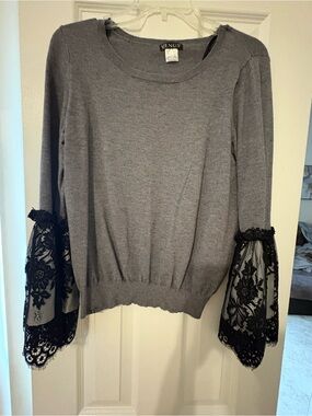 VENUS Gray Sweater with Black Lace Bell Sleeves
